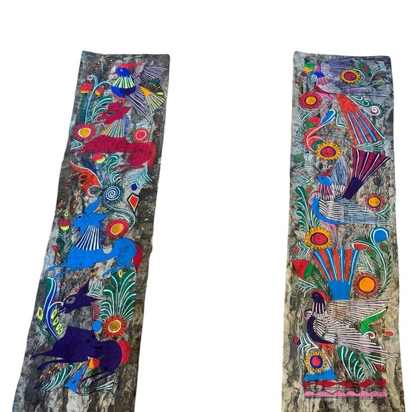 Mexican Folk Art Fancy Bird Painting in Burlap Embroidered Textile Art Panels - Picture 9 of 10